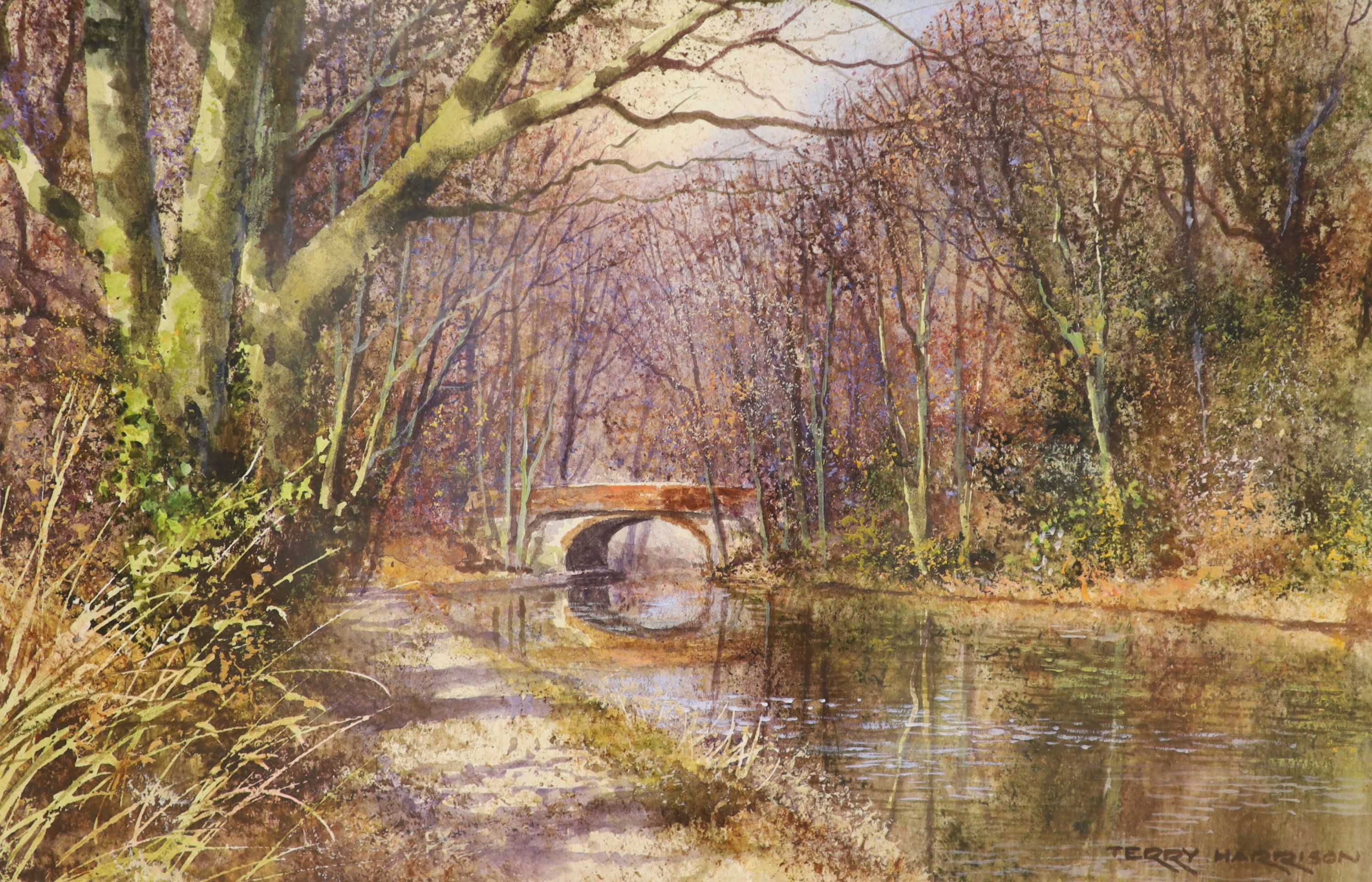 Terry Harrison (1951-2017), watercolour, River in autumn, signed, 21 x 31cm, and After Daniel Chodowiecki (1726-1801) The King of Prussia reeviewing his troops, publishd by Sawyer and Bennett, hand coloured framed mezzot